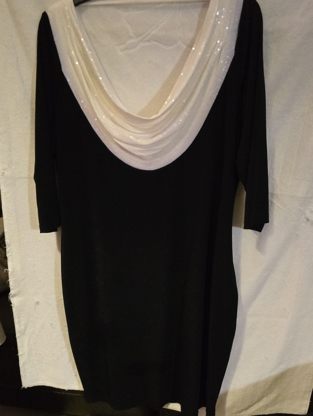 Black Dress with Draped White Sequins Cowl Neck